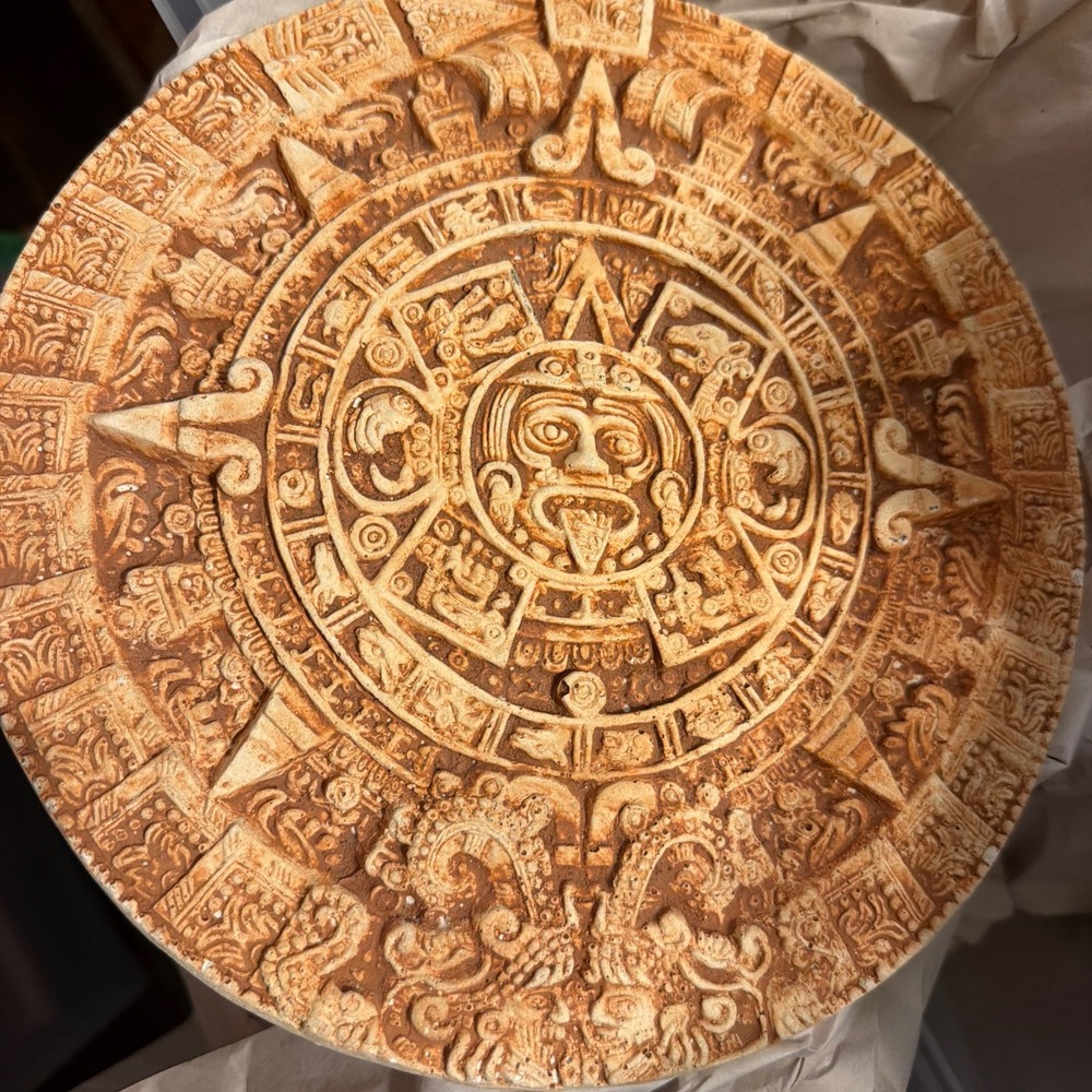 Vintage Aztec Sun Stone Wall Plaque Mexican Calendar Relief Sculpture 10 Inch